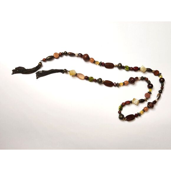 Boho Beaded Tassel Lariat Necklace Long Endless Strand Earth Tones 44 inches - Picture 4 of 9